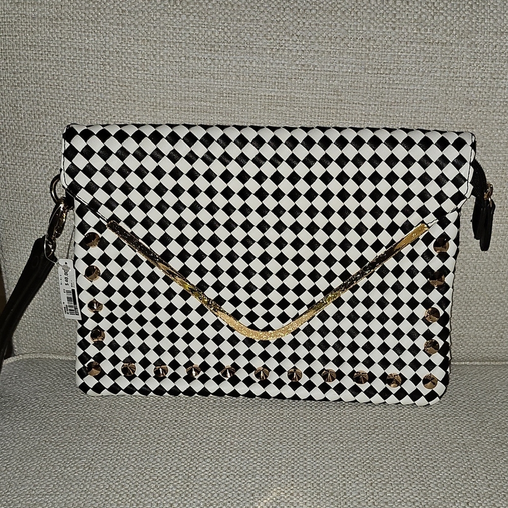 Aldo Checkered Clutch with Gold and Black Accents